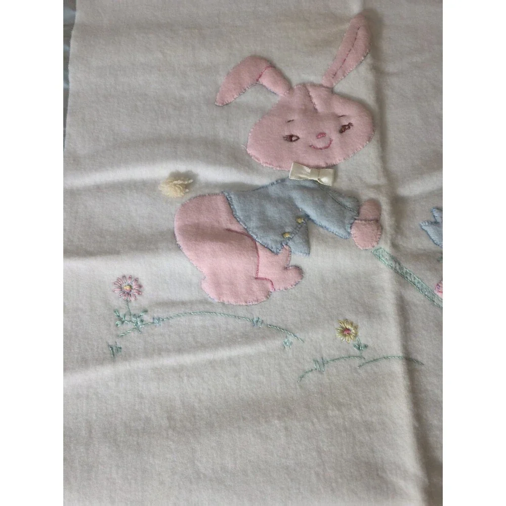 Vtg Hand Made Baby Blanket Bunny Rabbit Flower Satin Trim Applique Pink Blue